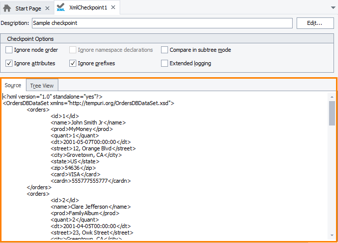 Source page of the XLCheckpoint Element editor