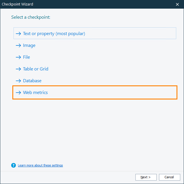 Web Audits Checkpoint: Selecting the checkpoint type