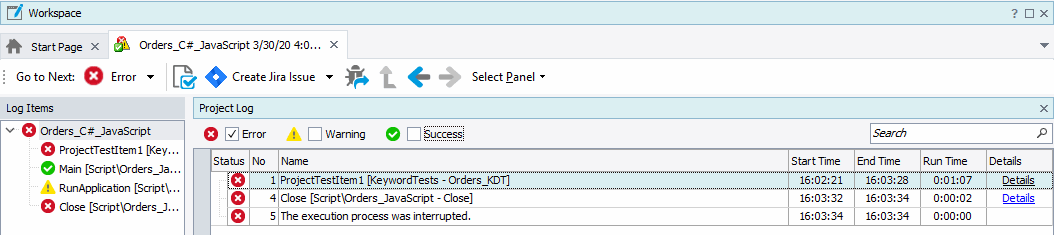 Error messages in the test log