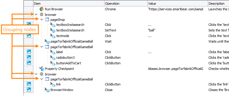 Getting Started with TestComplete (Web): Grouping nodes