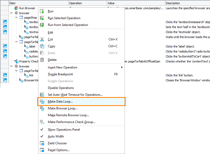 Getting Started with TestComplete (Web): Convert Run Browser operation into Browser Loop operation