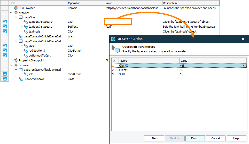 Getting Started with TestComplete (Web): The Operation Parameters dialog