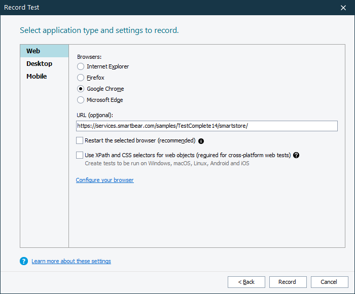 Getting Started with TestComplete: Select your tested web page