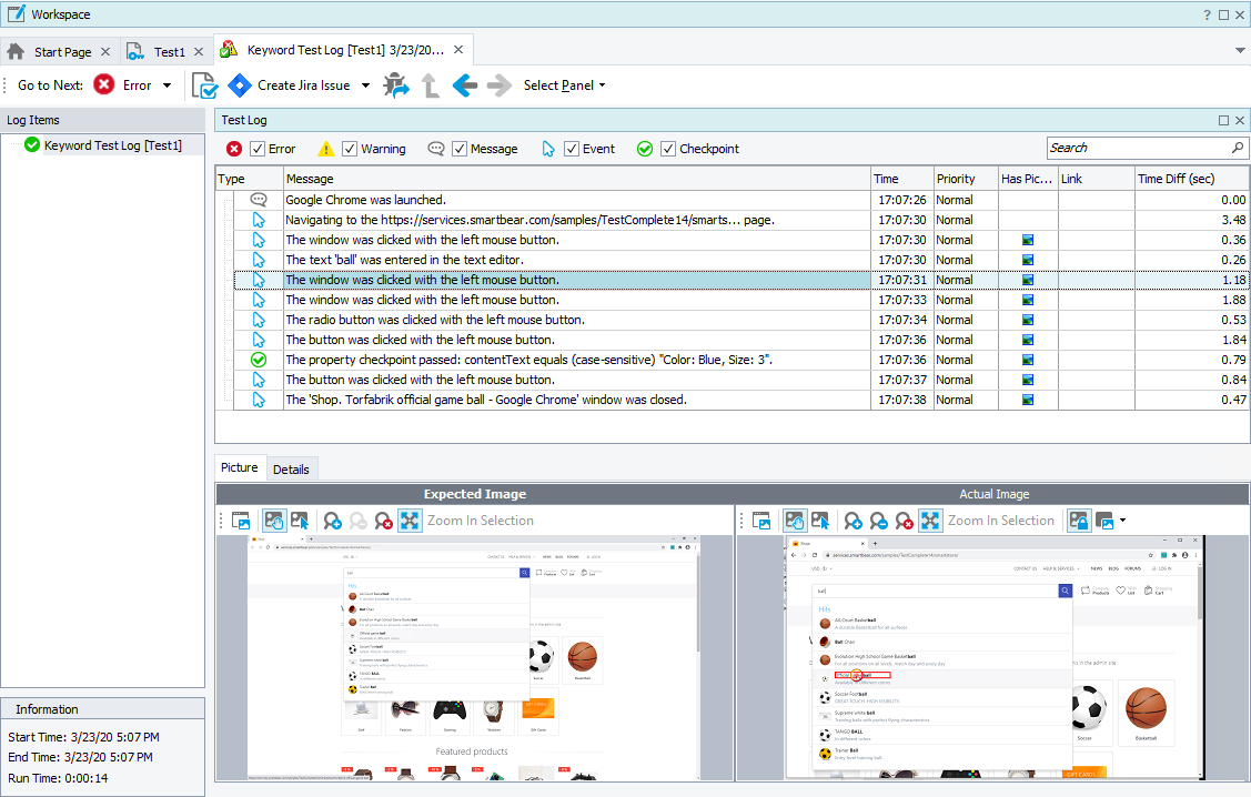 Getting Started with TestComplete (Web): The sample test log