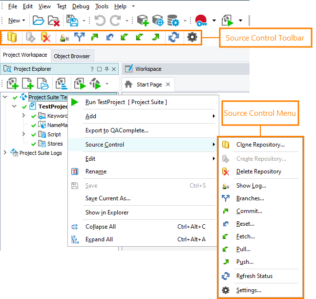 Source Control menu and Source Control toolbar with Git integration enabled.