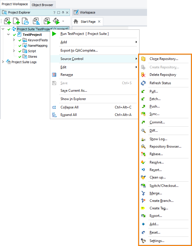 Items of the Source Control menu with TortoiseGit integration enabled.