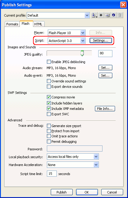 The Flash Page in the Publish Settings Dialog