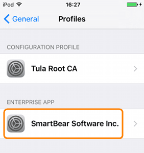 SmartBear profile in iOS device settings