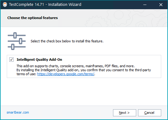 TestComplete Installation Wizard - Enable Intelligent Quality Add-On