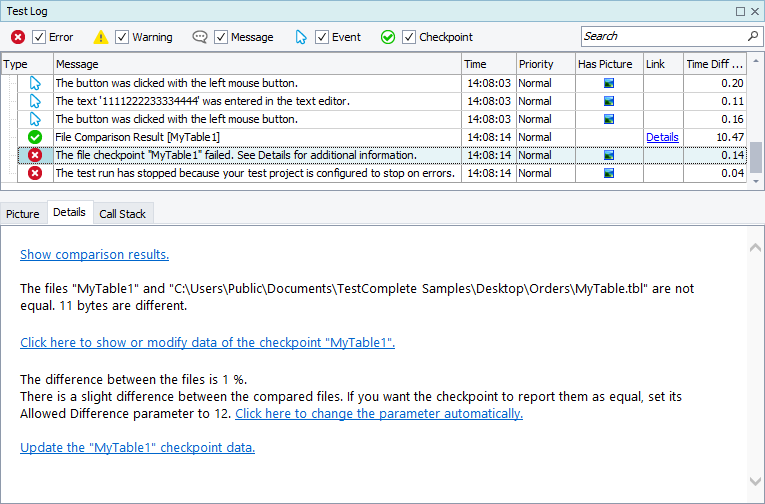 Details panel containing the file checkpoint verification results