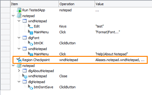 Region checkpoint in a keyword test