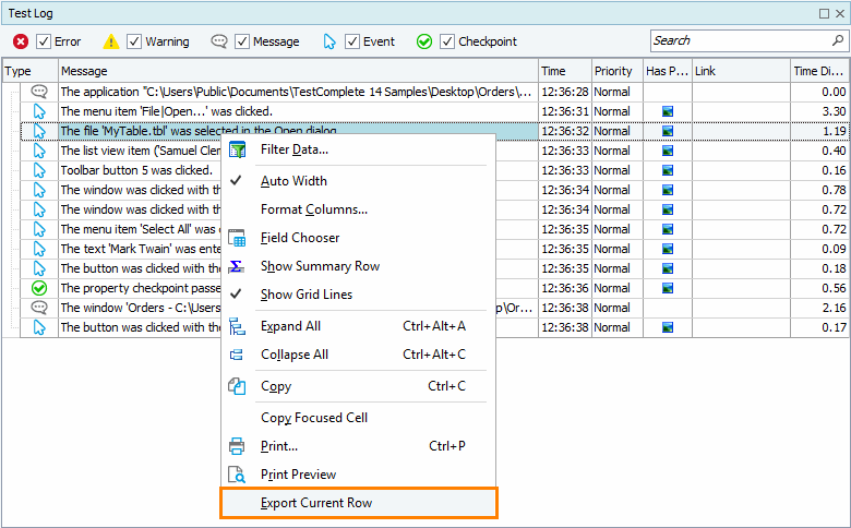 Exporting the current log row