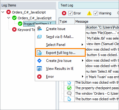 Exporting a partial log