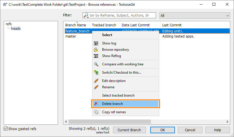 Deleting branch via TortoiseGit Browse Ref dialog