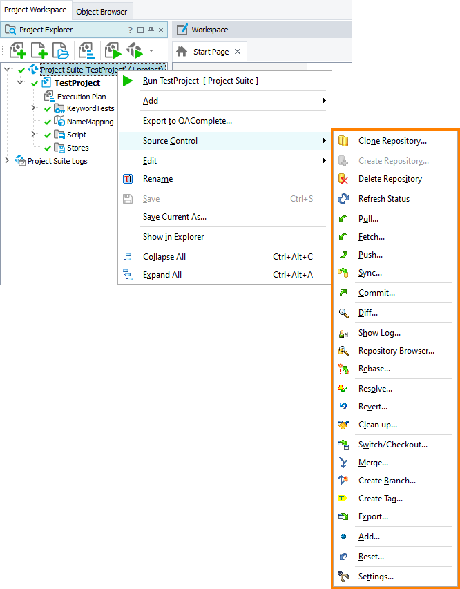 Items of the Source Control menu with TortoiseGit integration enabled.