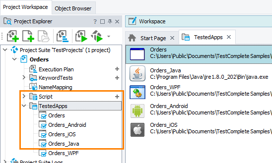 List of tested applications in the Project Explorer