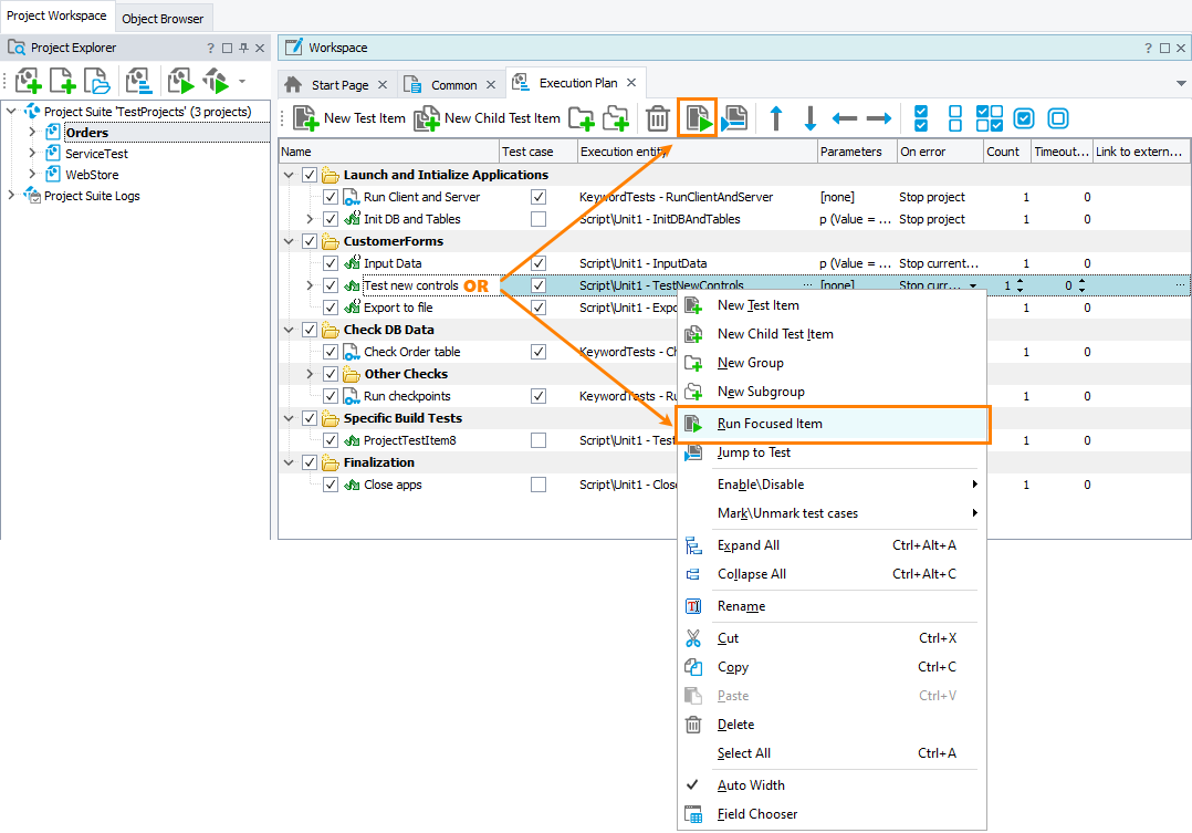 Running Test Items in the Execution Plan editor