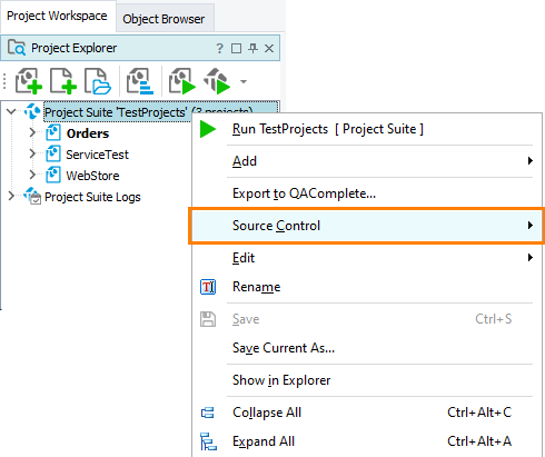 Automated testing with TestComplete: The Source Control menu command