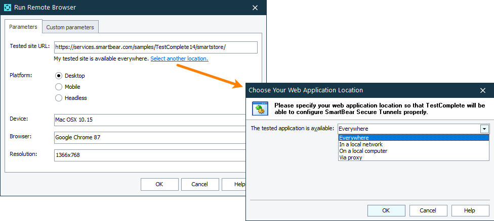 Calling the dialog from the Run Remote Browser operation Calling the dialog from the Run Remote Browser operation
