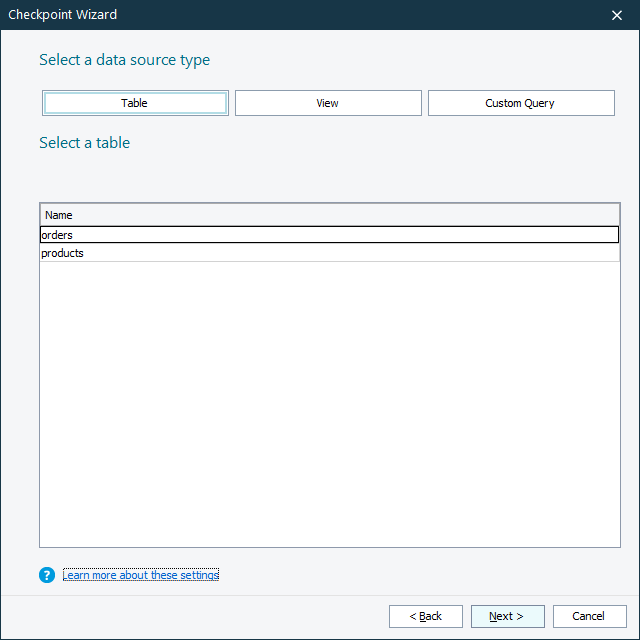 Database Table Checkpoint: Specifying Data Source Database Table Checkpoint: Specifying data source