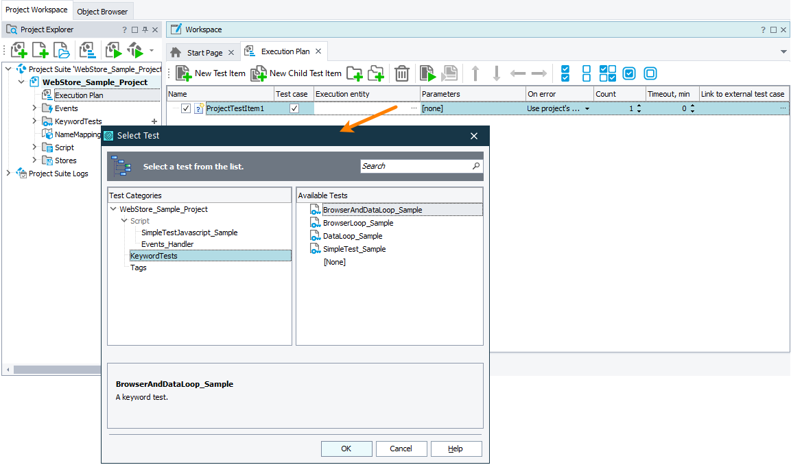 Selecting a test that a test item will run Selecting a test that a test item will run