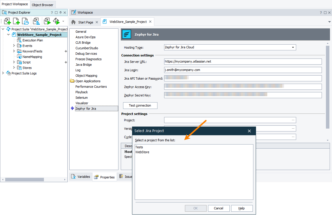 Selecting a Jira project Selecting a Jira project