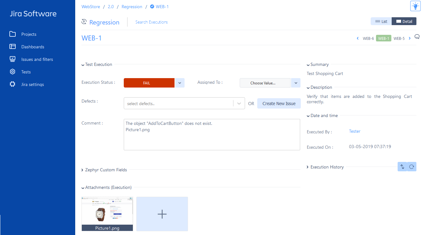 Test results assigned to a test execution in Jira - Fail Test results assinged to the test execution in Jira - Fail