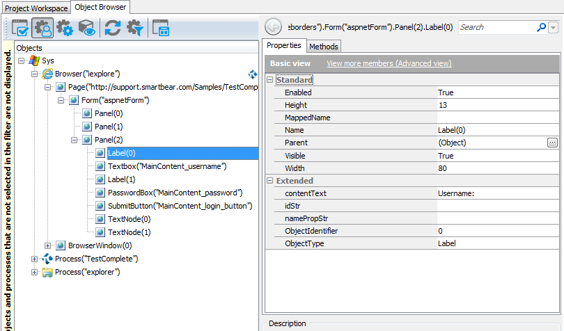 Web page object hierarchy in the Object Browser