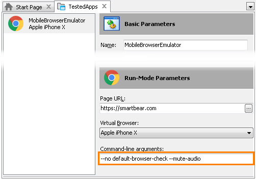 Specifying command-line arguments for mobile browser emulator in TestedApps
