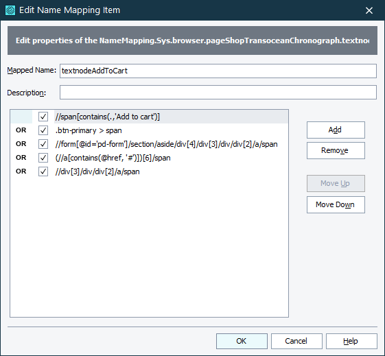 Edit Name Mapping Item dialog - Mapping objects by their XPath expressions and CSS selectors