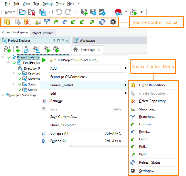 Source Control menu and Source Control toolbar with Git integration enabled.