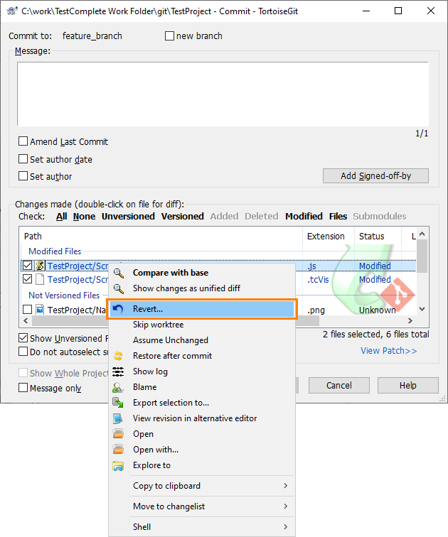 Reverting files via TortoiseGit Commit dialog