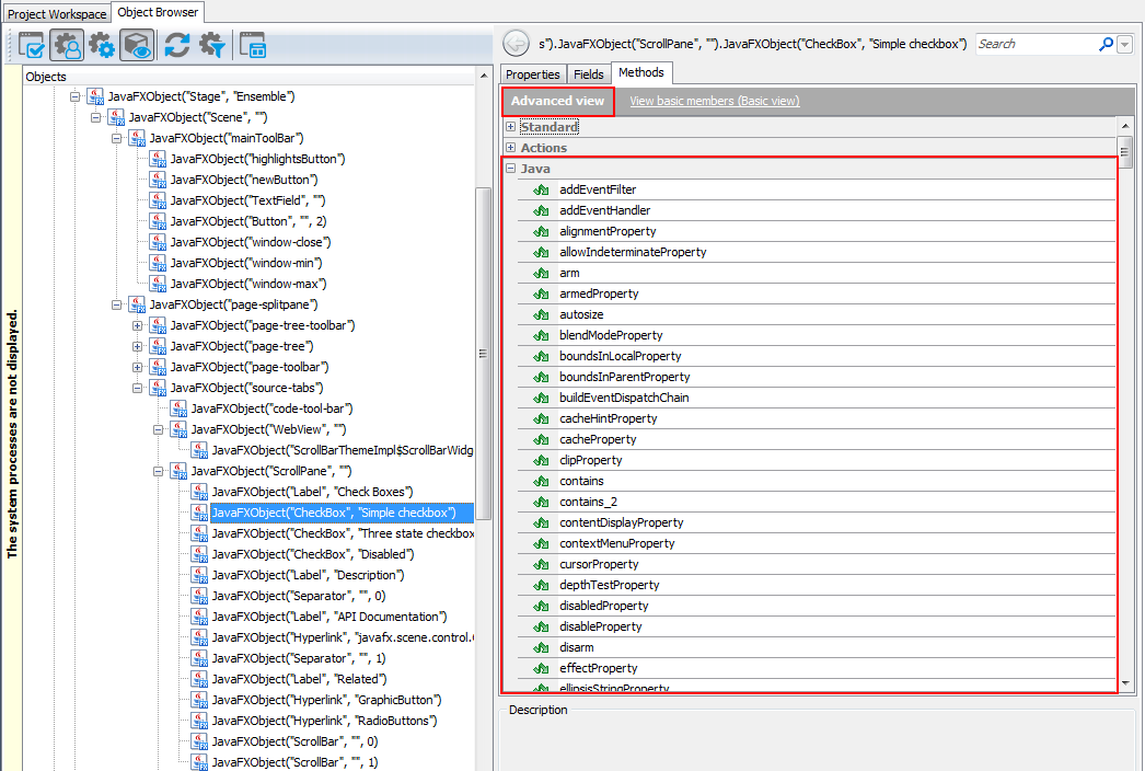 Native Methods of the JavaFX CheckBox Object in the Object Browser Native Methods of a JavaFX CheckBox Object in Object Browser