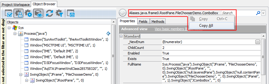 Copying the object name from the Object Browser Copying the object name from the Object Browser