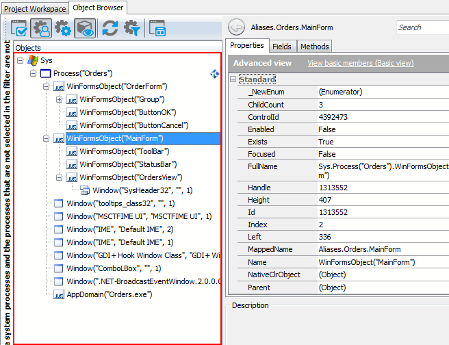 A view of a .NET application in the object tree A view of a .NET application in the object tree