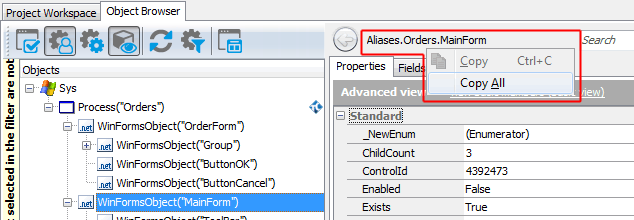 Copying the object name from the Object Browser Copying the object name from the Object Browser