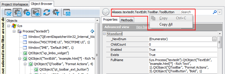Copying the object name from the Object Browser Copying the object name from the Object Browser