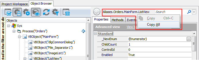 Copying the object name from the Object Browser Copying the object name from the Object Browser