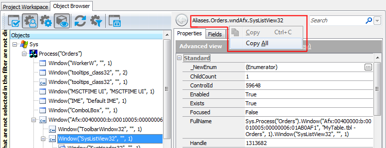 Copying the object name from the Object Browser Copying the object name from the Object Browser