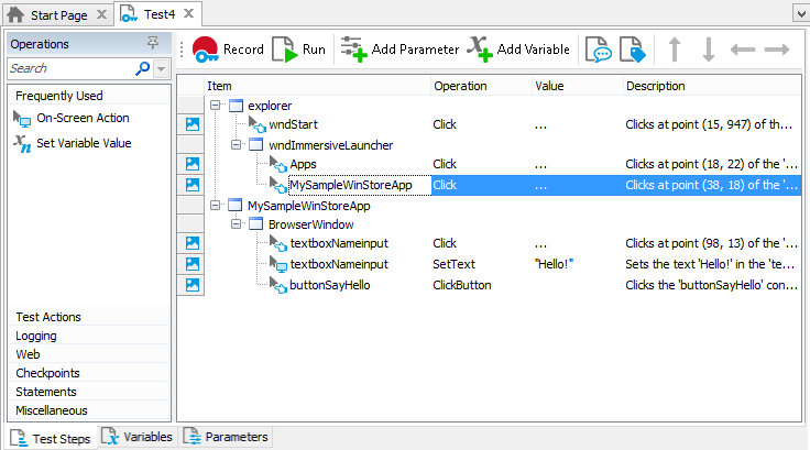 Sample keyword test recorded against a Windows Store application Sample keyword test recorded against a Windows Store application