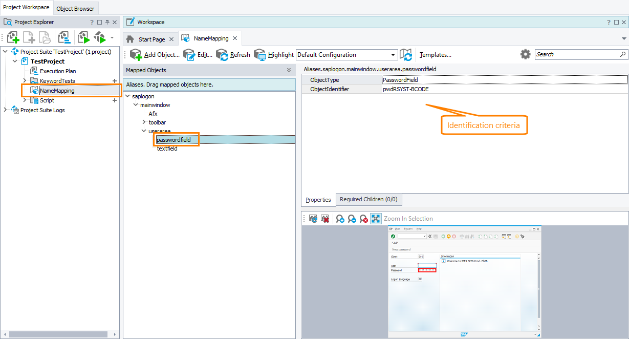 The SAP GUI element added to the Name Mapping repository SAP GUI element added to the Name Mapping repository