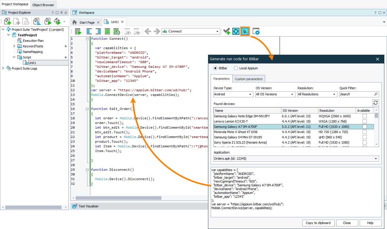 Adding code that connects to BitBar and opens a testing session Adding code that connects to BitBar and opens a testing session