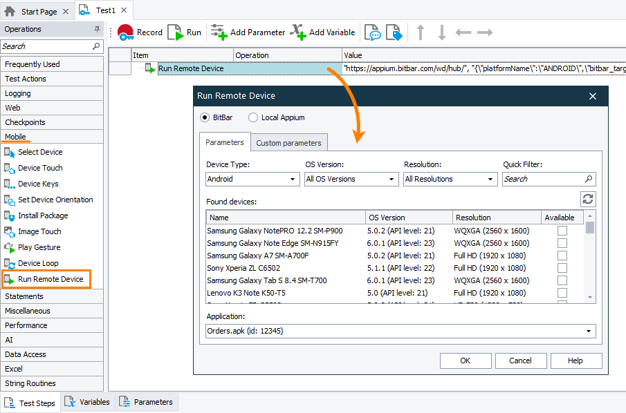 Connecting to the BitBar mobile device cloud from a keyword test Connecting to the BitBar mobile device cloud from a keyword test