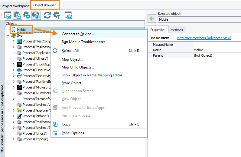 Opening the Connect to Device dialog from the Object Browser Opening the Connect to Device dialog from the Object Browser