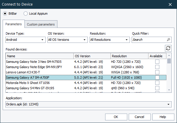 Connect to Device dialog Connect to Device dialog