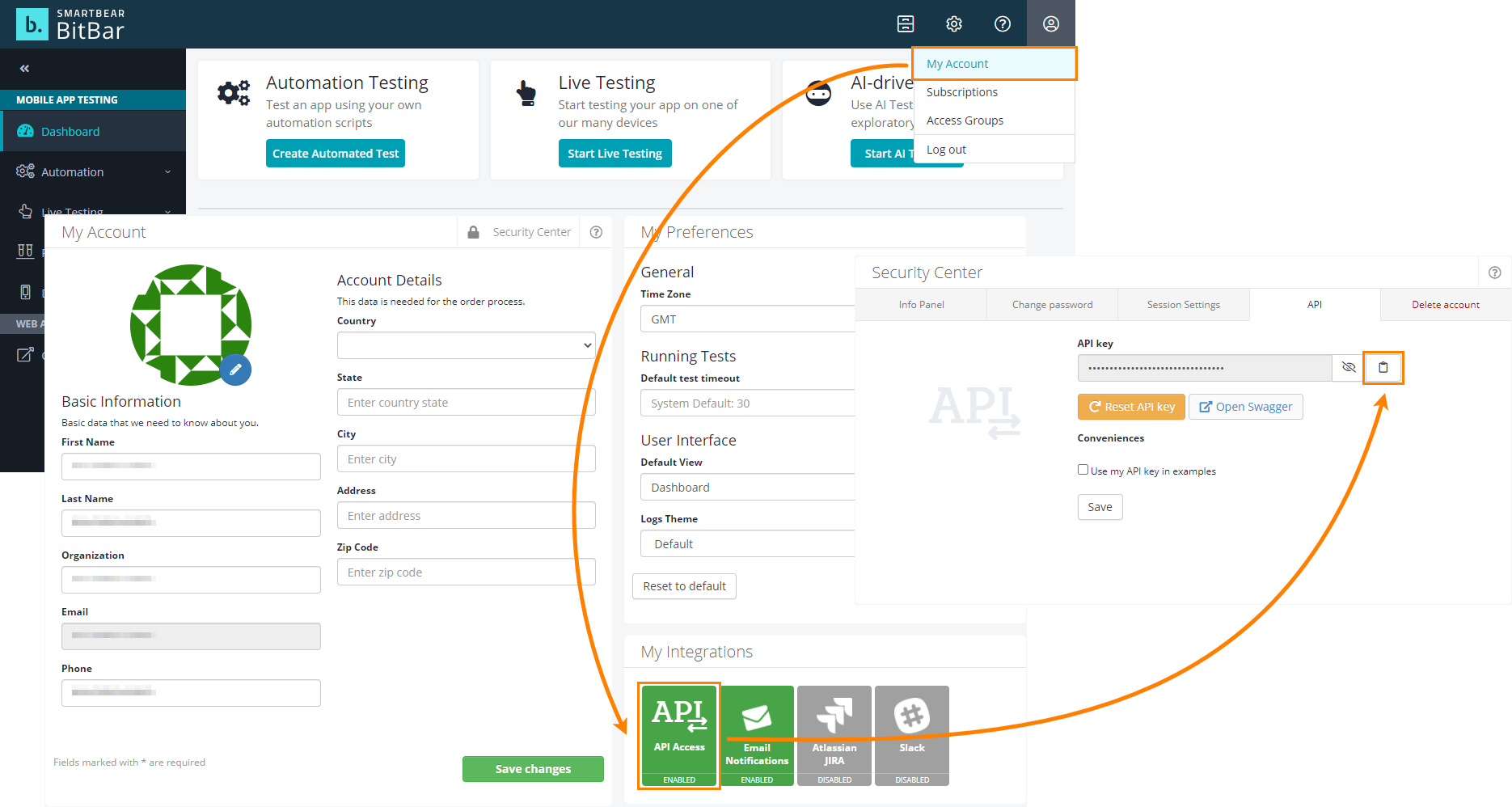 Copying the BitBar API key Copying the BitBat API key