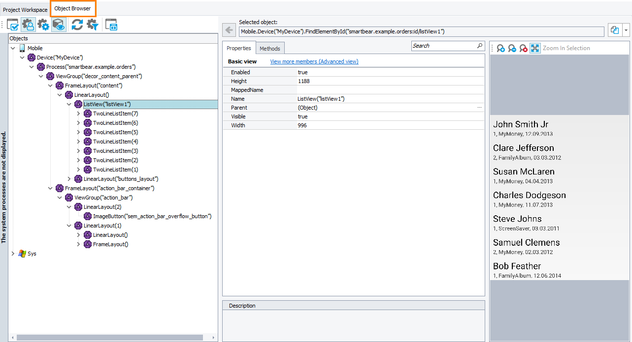 Explore your tested mobile application in the Object Browser Explore your tested mobile application in Object Browser
