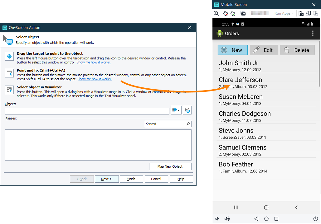 Selecting an object from a keyword test operation Selecting an object from a keyword test operation