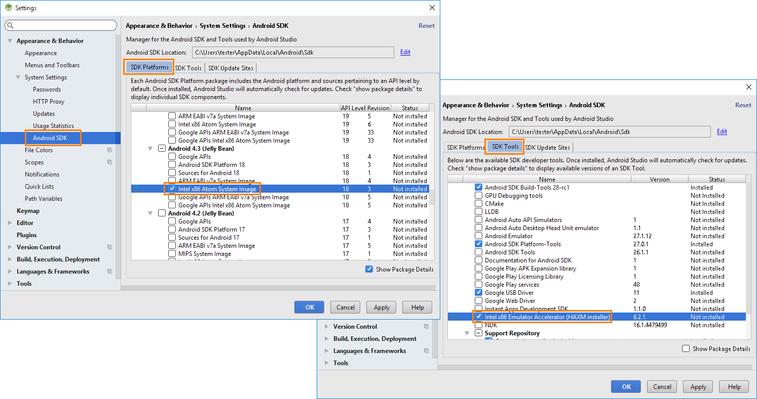 Android SDK Manager: Installing Intel x86 Atom System image and Intel HAXM Android SDK Manager: Installing Intel x86 Atom System image and Intel HAXM