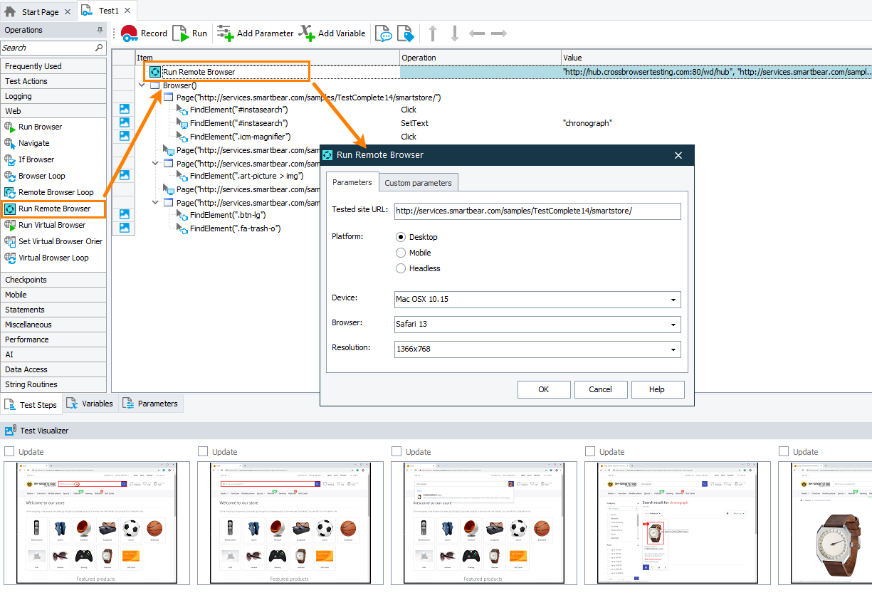 Adding the Run Remote Browser operation to a keyword test Adding the Run Remote Browser operation to a keyword test